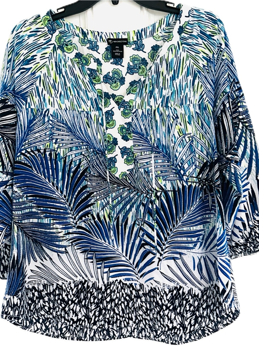New Directions Blue, White, Green & black Tropical Print blouse with tie closure